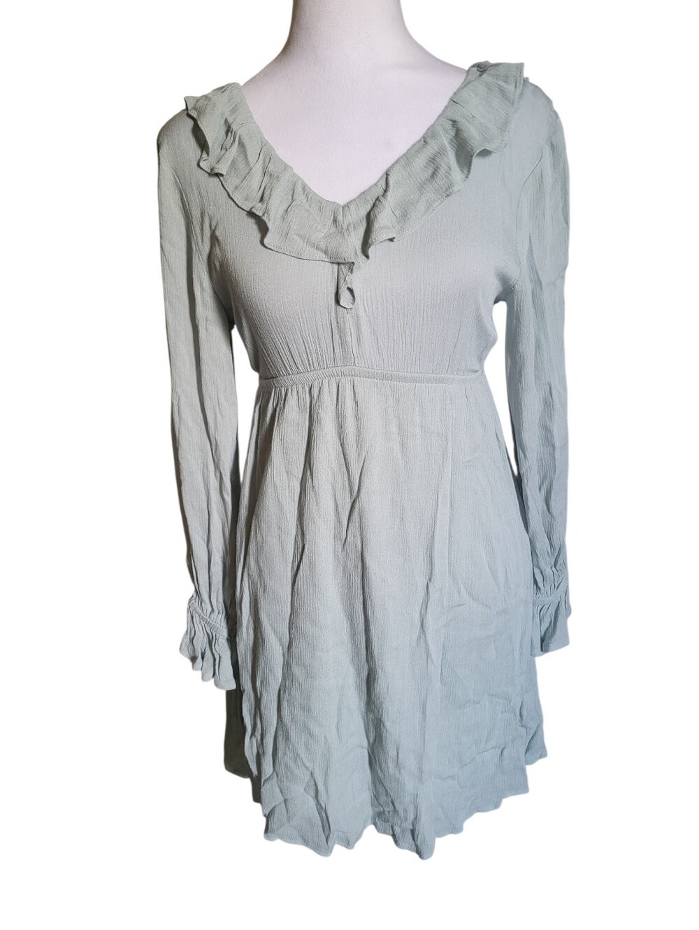 Altr'd State Ruffle V-Neck Long-Sleeve Mini Dress Sage sz XS